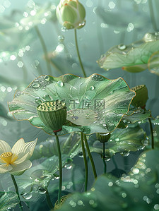 荷叶荷塘玻璃纹理花朵矢量插画
