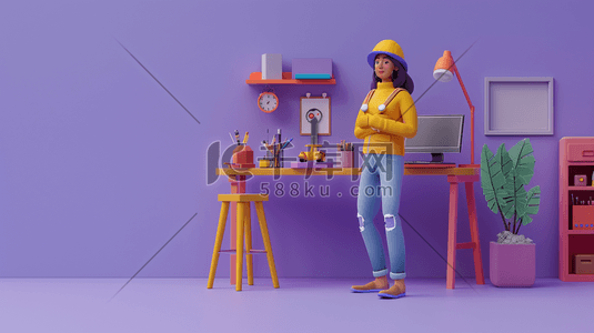 手绘个人简历模板插画图片_3D紫色的个人工作间插画