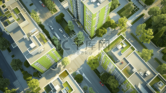城市楼房插画图片_俯视城市楼房树木街道的插画