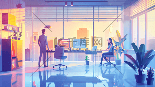 办公楼装修插画图片_商务办公室内职场男女电脑工作的插画
