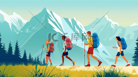 绘画登山人员徒步旅行登山的插画