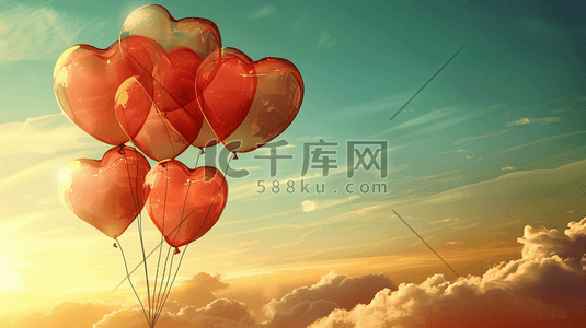 红色天空插画图片_彩色缤纷风景爱心红色气球的插画