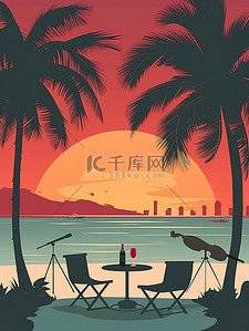 海边日落度假椅子沙滩插画图片