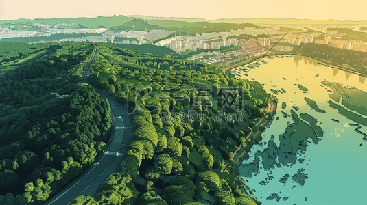 俯视航拍树木河流建筑的插画