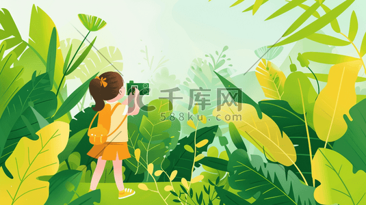 手绘绿色森林里女孩手拿照相机的插画
