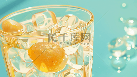 蓝色场景玻璃杯冰块柠檬的插画