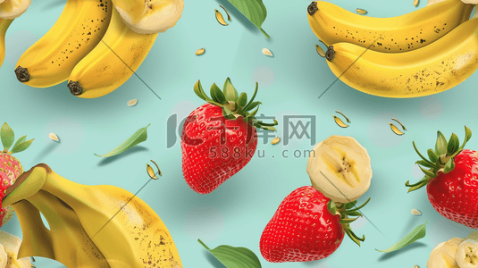 水果草莓手绘插画图片_平面平铺水果草莓香蕉的插画