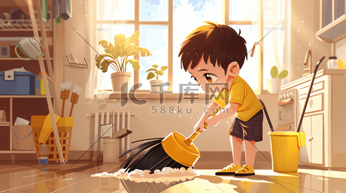 打扫房间的小男孩插画3