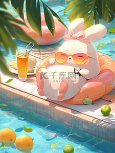 度假插图插画图片_夏天泳池可爱小兔子插图