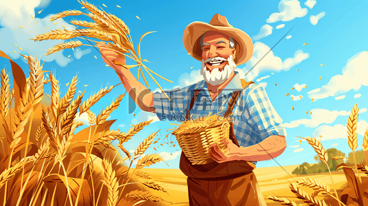 农业丰收插画图片_丰收拿着麦穗的农民插画7