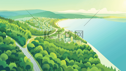 拍插画图片_俯视航拍树木河流建筑的插画