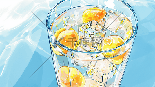 冰块插画图片_蓝色场景玻璃杯冰块柠檬的插画