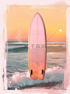 海滩冲浪板插画图片_冲浪板海滩日落艺术画图片