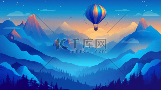 蓝色山景风景风光上空热气球的插画