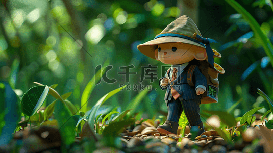 3D背着背包在丛林中探险的人插画