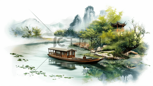 中的国风插画图片_山涧湖泊中的小船插画