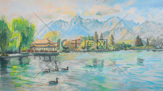 山林湖边的亭台楼阁和湖上的鸭群插画