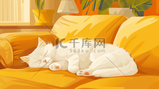 小沙发沙发插画图片_躺在沙发上的睡觉的白猫插画