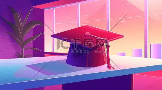 成博士帽插画图片_绘画毕业季室内桌面上博士帽的插画