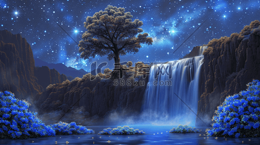 夜间山林中星空下的瀑布插画