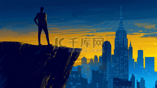 背影男人插画图片_一个男人站在悬崖边看着城市的高楼插画