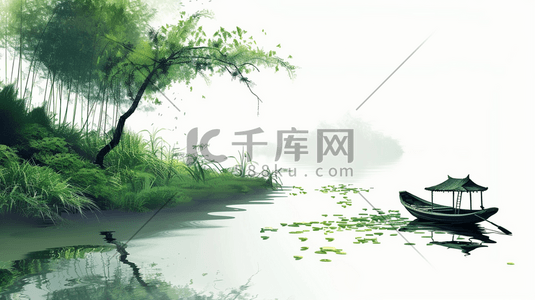 中的国风插画图片_山涧湖泊中的小船插画