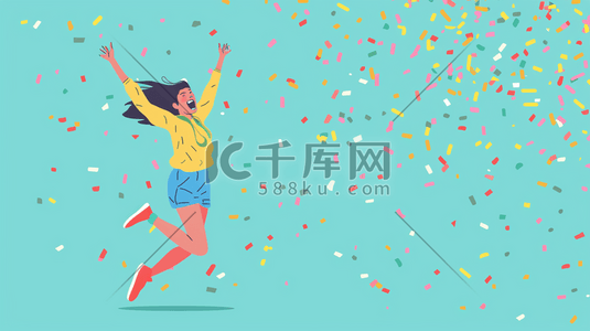 一个女人跳跃彩纸中庆祝插画