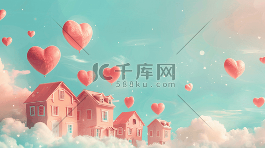 关于手托爱心形的插画图片_雪地上粉色小房子和心形气球插画