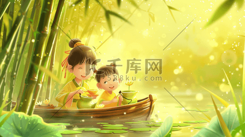 母亲和孩子在木船上喝绿茶插画