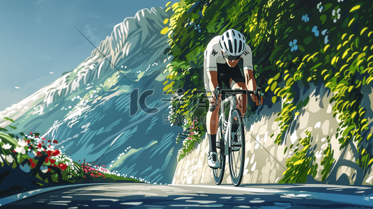 运动员插画图片_海边公路上骑自行车的运动员插画
