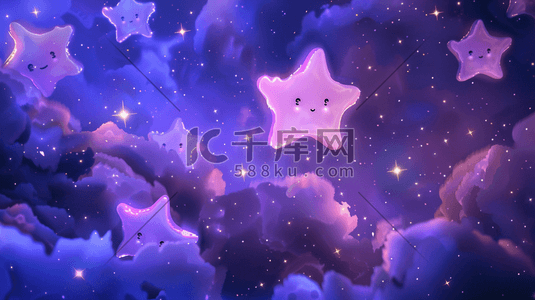 紫色夜空插画图片_淡紫色夜空的云团与可爱的星星插画