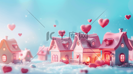 心形插画图片_雪地上粉色小房子和心形气球插画