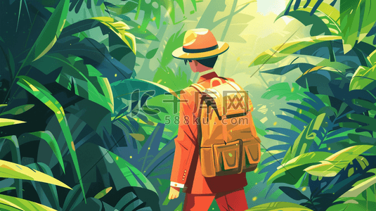 背包插画图片_背着背包在丛林中探险的人的背影插画