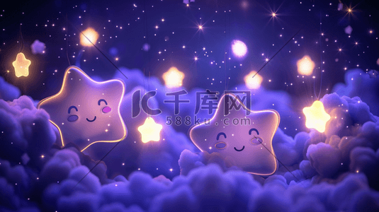 淡紫色夜空的云团与可爱的星星插画