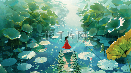 夏季荷塘小木桥上的红裙少女插画