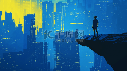 背影男人插画图片_一个男人站在悬崖边看着城市的高楼插画