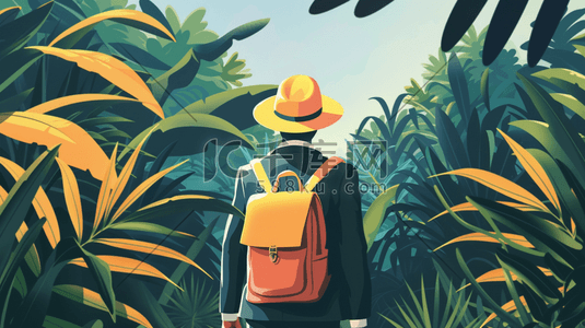 背着背包在丛林中探险的人的背影插画