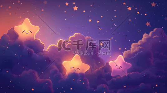 紫色夜空插画图片_淡紫色夜空的云团与可爱的星星插画