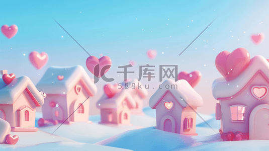 心形插画图片_雪地上粉色小房子和心形气球插画