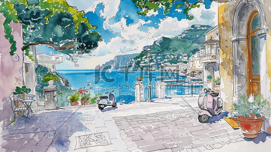 彩色绘画沿海边房屋岩石的插画