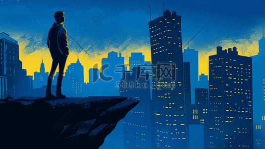 打领带的男人插画图片_一个男人站在悬崖边看着城市的高楼插画