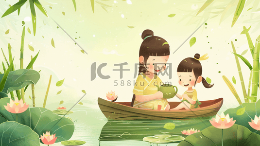 荷塘人物插画图片_母亲和孩子在木船上喝绿茶插画