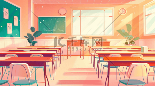 绘画彩色教室内阳光照射黑板桌椅绿植的插画