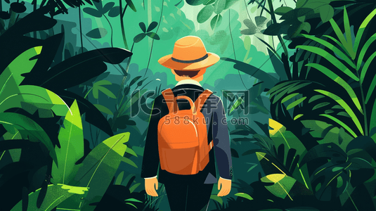 背包插画图片_背着背包在丛林中探险的人的背影插画