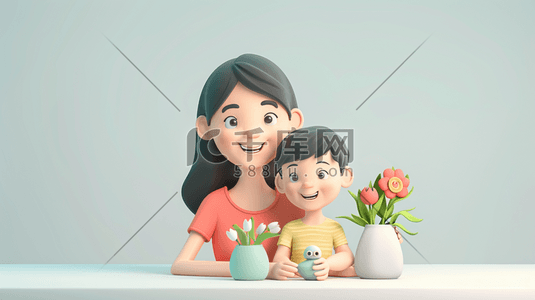 3D妈妈和孩子幸福合照插画