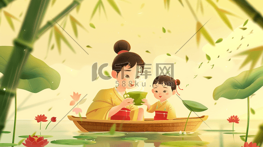 母亲和孩子在木船上喝绿茶插画