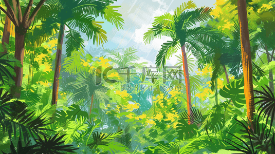 夏季绿叶插画图片_夏季雨林中的小道插画