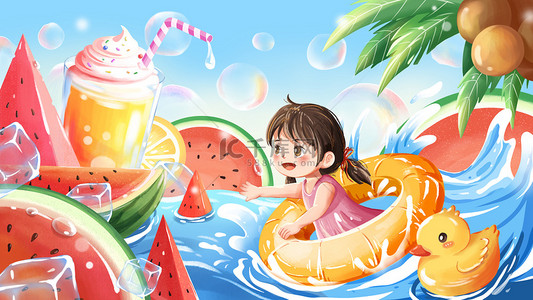 夏日玩耍插画图片_夏天女孩水上乐园玩耍场景素材