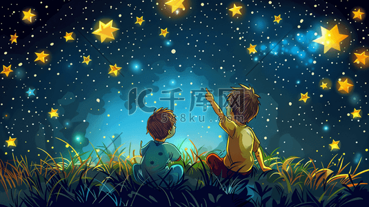 两个小人旅行插画图片_草地上观赏夜空星星的两个小孩插画