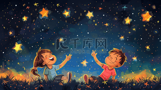 两个小人旅行插画图片_草地上观赏夜空星星的两个小孩插画